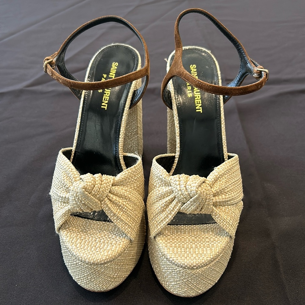Yves St Laurent Bianca Chunky Nude Raffia Sandals with Leather Strap